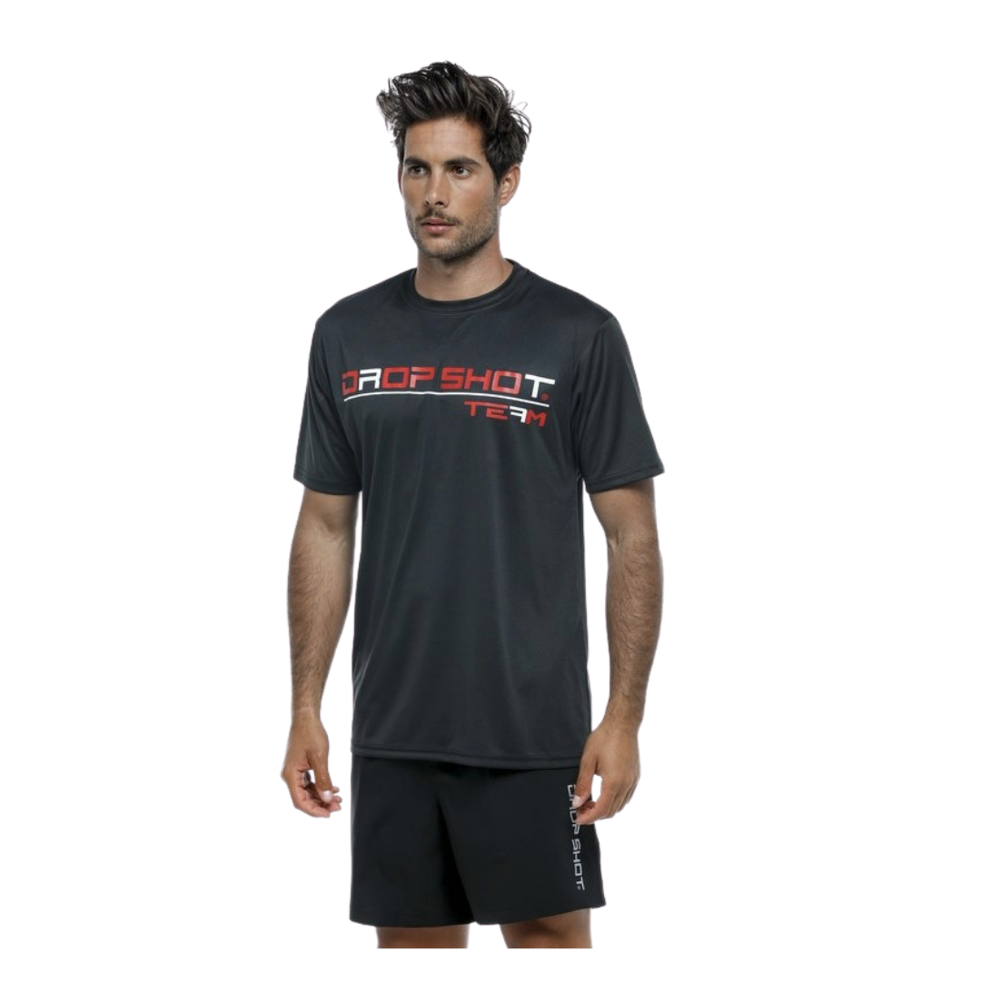 Polera Drop Shot Team Negro Logo Rojo